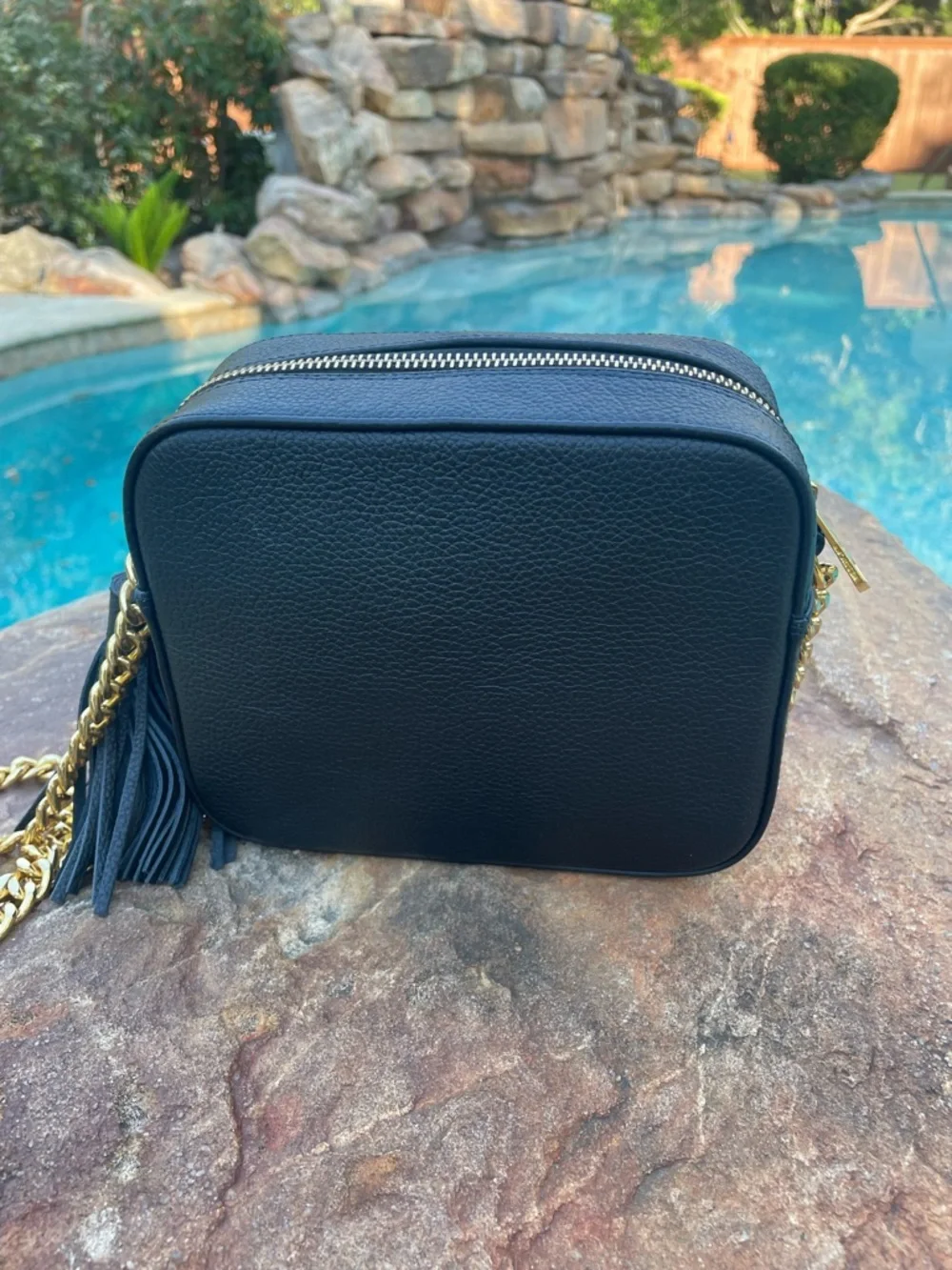 Black Leather Crossbody with Gold Chain and Tassel Accent by Avorigen (CdlG)